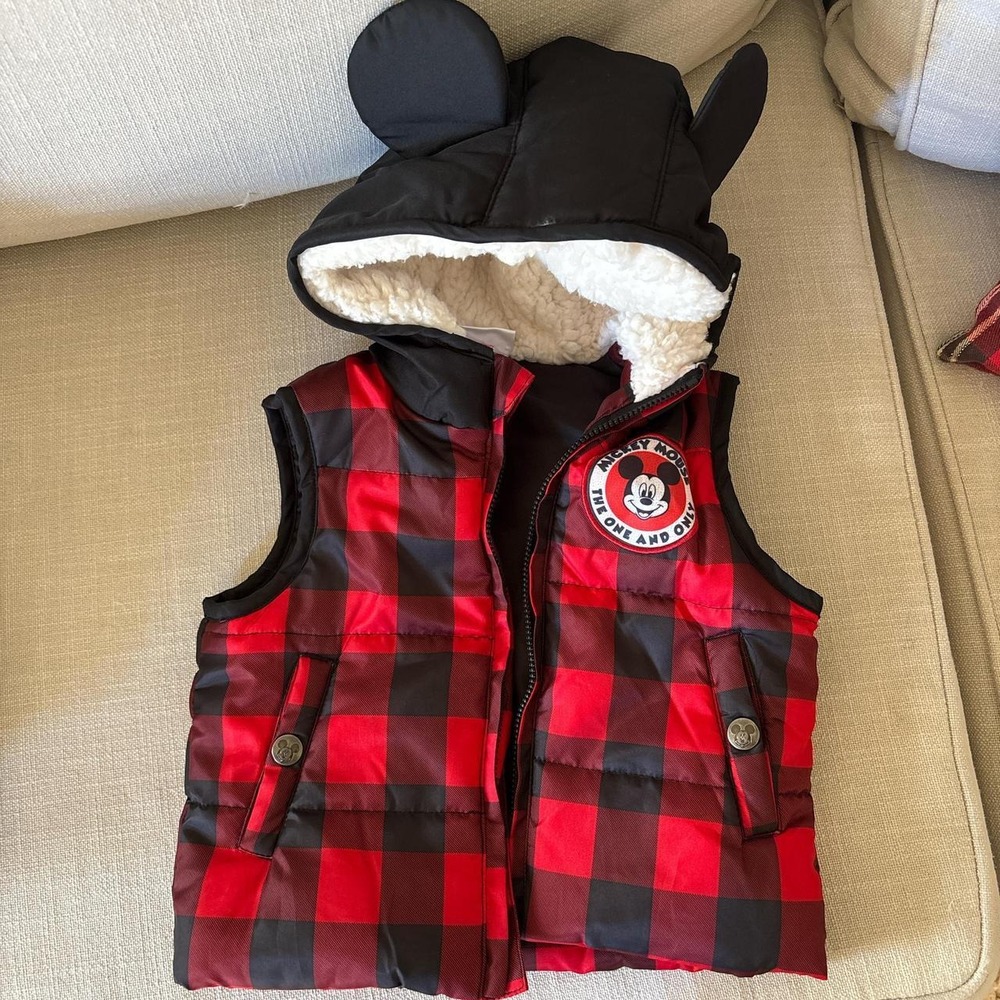 Disney Jr. Mickey Mouse Vest zip up (18-24months) Red buffalo plaid sherpa hood